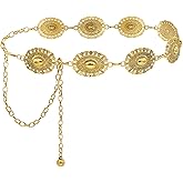 Putcuku Western Metal Concho Belt for Women: Boho Chain Belt with Adjustable Turquoise Chain Link, Silver & Gold