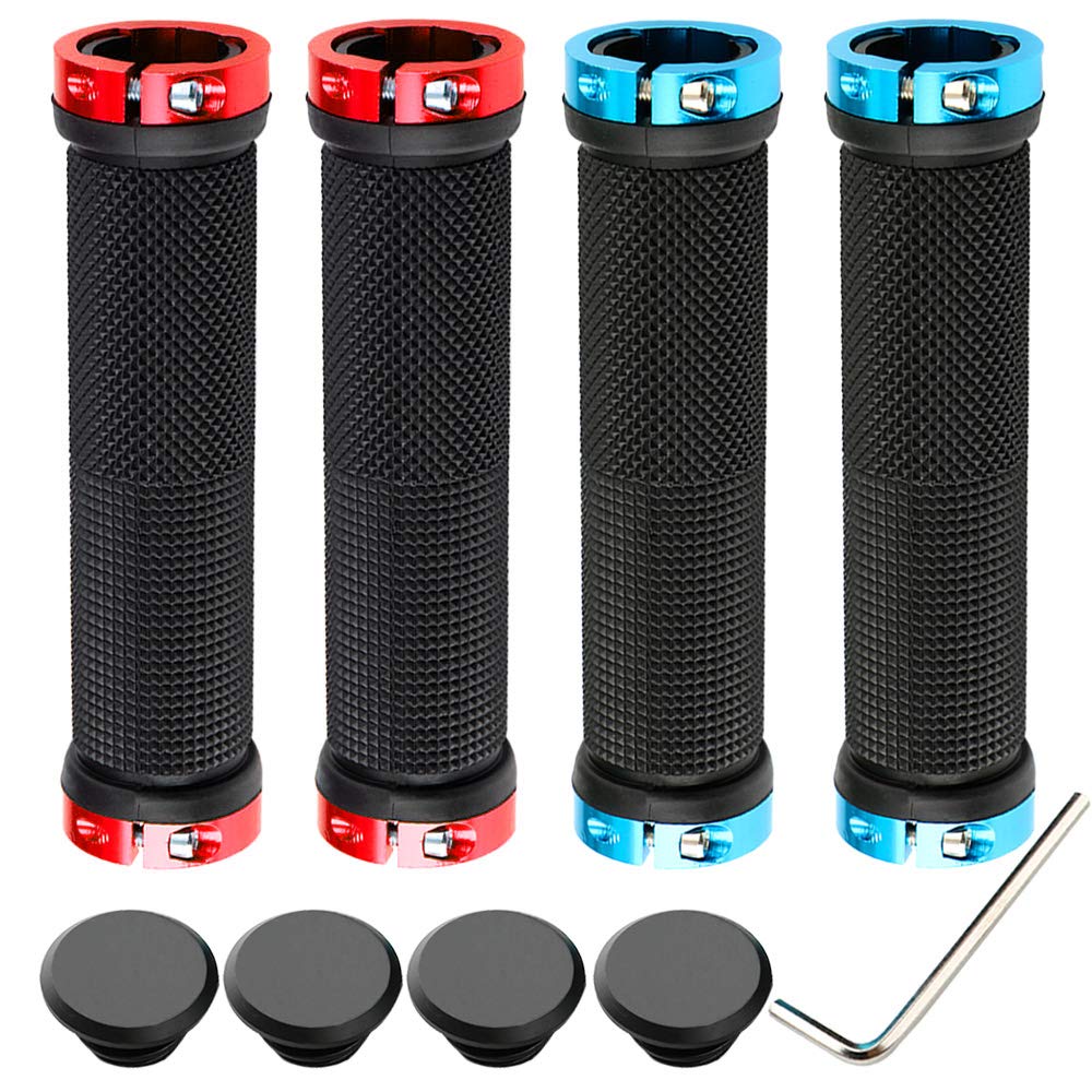 QitinDasen 2 Pairs Bike Handlebar Grips, Non-Slip Rubber Bicycle Handle Grips with Aluminum Double Lock, Bike Handle Protector for MTB BMX (Blue + Red)