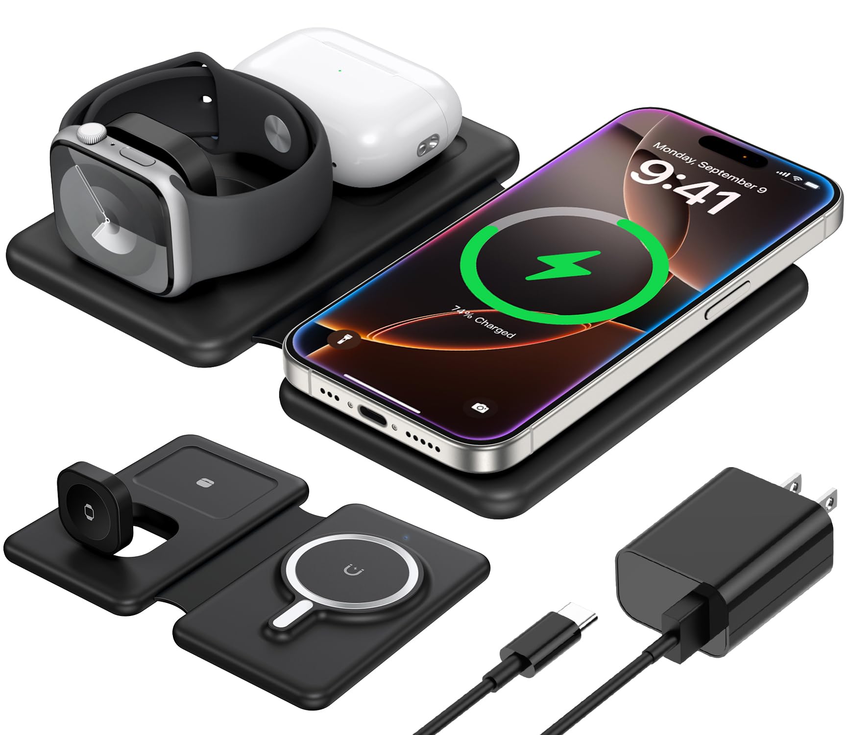 Photo 1 of 3 in 1 Charging Station for Apple,Travel Charger for Multiple Devices for iPhone,Foldable Magnetic Charger for iPhone 16 15 14 13 12 pro max&AirPods 4/3/Pro/Pro 2&Apple Watch?Black?