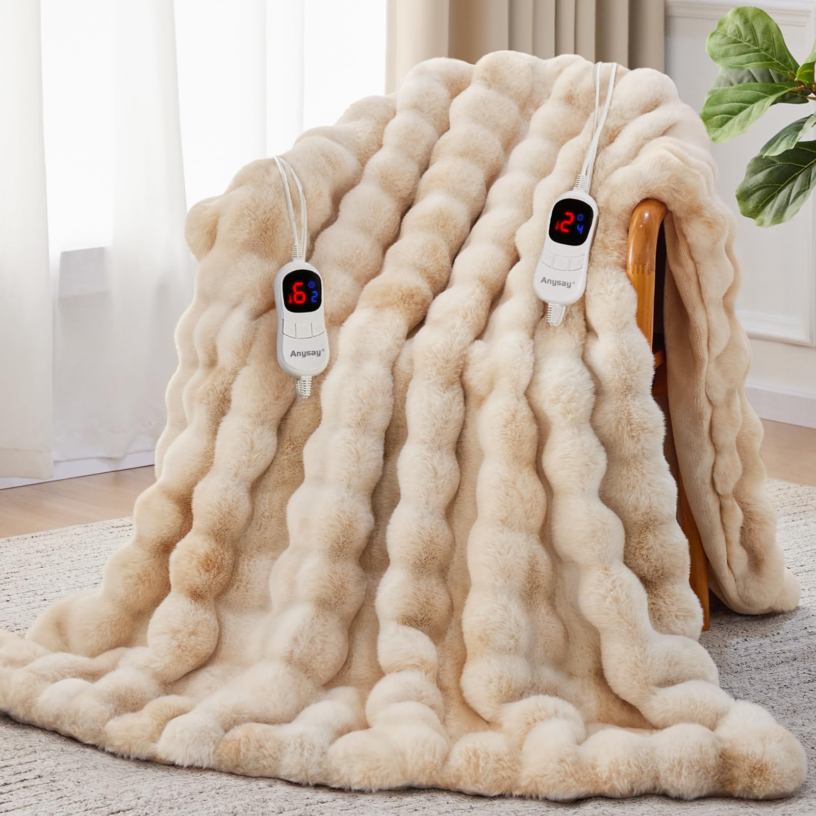 Photo 1 of Anysay Heated Blanket King Size with 1/2/4/6/8 Hours Auto-Off 10 Heat Level, 90'' * 100'' Cozy Faux Rabbit Fur Bubble Electric Blanket with Overheat Protection(Tie-Dye Beige)