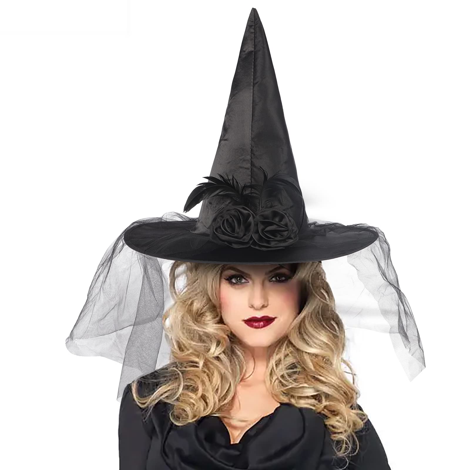 NICEYEA Halloween Women Witch Hats Costume Decorations Foldable Rose Gauze Black Witches Hat Adult Halloween Christmas Cosplay Accessories