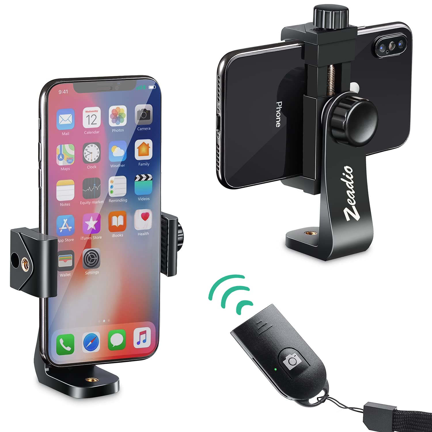 zeadio Smartphone Tripod Mount Adapter, Cell Phone Tripod Holder with Wireless Remote Shutter, Selfie Stick Monopod Adjustable Clamp, Fits for All iPhone and Android Smartphones
