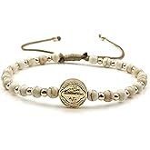 CRUZONE St Benedict Coin and Natural Round Red Coral Beads Adjustable Bracelet for Women