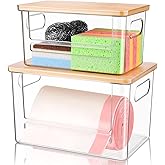 Hiitytin Trash Bag Holder Dispenser 2 Pack, Garbage Bag Dispenser with Bamboo Lid & Handles, Stackable Clear Trash Bag Organizer Under Sink for Kitchen, Pantry, Laundry Room, Cabinet (XL+S)