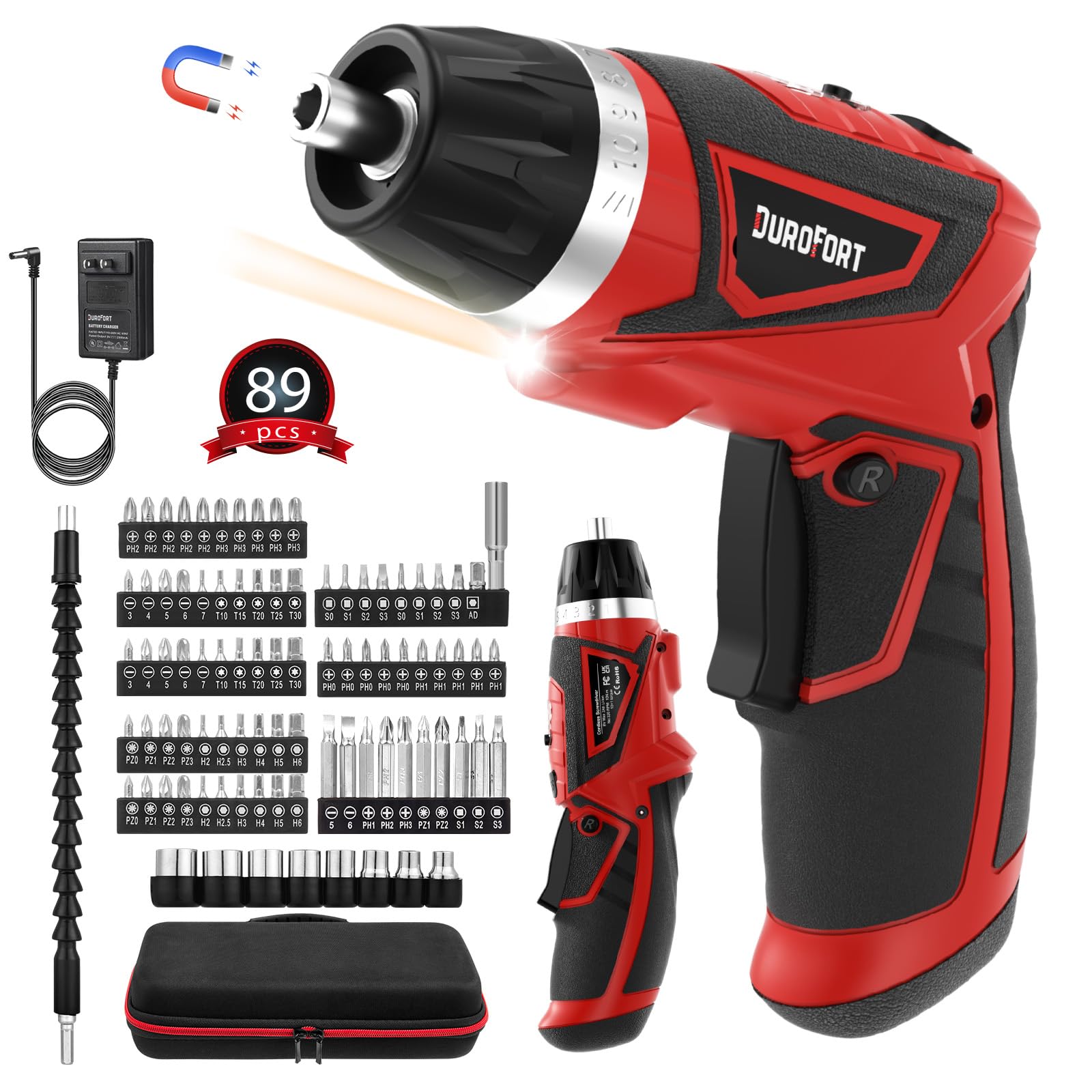 Photo 1 of ***CHARGER MISSING***DuroFort Cordless Electric Screwdriver Set, 8V 10Nm Rechargeable Power Electric Drill, Battery Screw Gun with Driver Bit, 320RPM/10+1 Torque, 2 Position Handle, Flexible Shaft LED Light (Red, 89Pcs)***CHARGER MISSING***