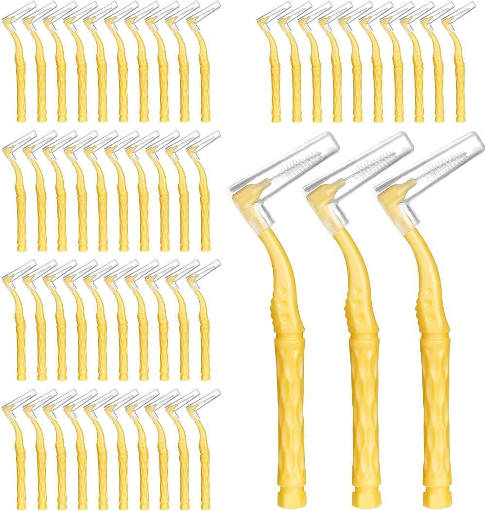 RAYITO 50pcs Interdental Brushes 1-1.2mm Yellow Non-Slip Handle Angled Head