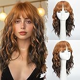 UNNYMGER Mixed Brown Wig with Bangs Short Wavy Wigs for Women Curly Bob Style Wear and Go Natural Synthetic Wigs for Halloween Costumes Cosplay Daily Party Use 16IN