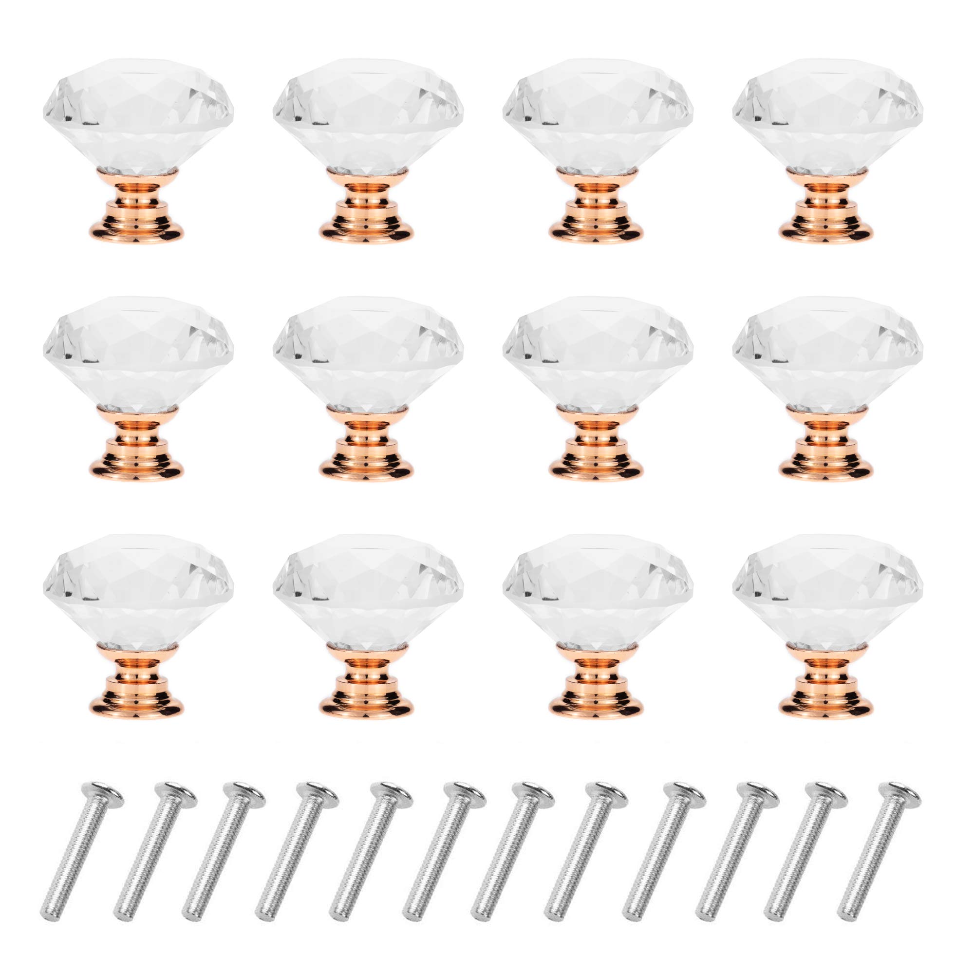 D-buy 12 Pack 30 mm Drawer Pulls Dresser Knobs Drawer Knobs Drawer Handles Crystal Knobs Drawer Pulls and Knobs Cabinet Door Knobs Glass Knobs with Screws (Rose Gold)