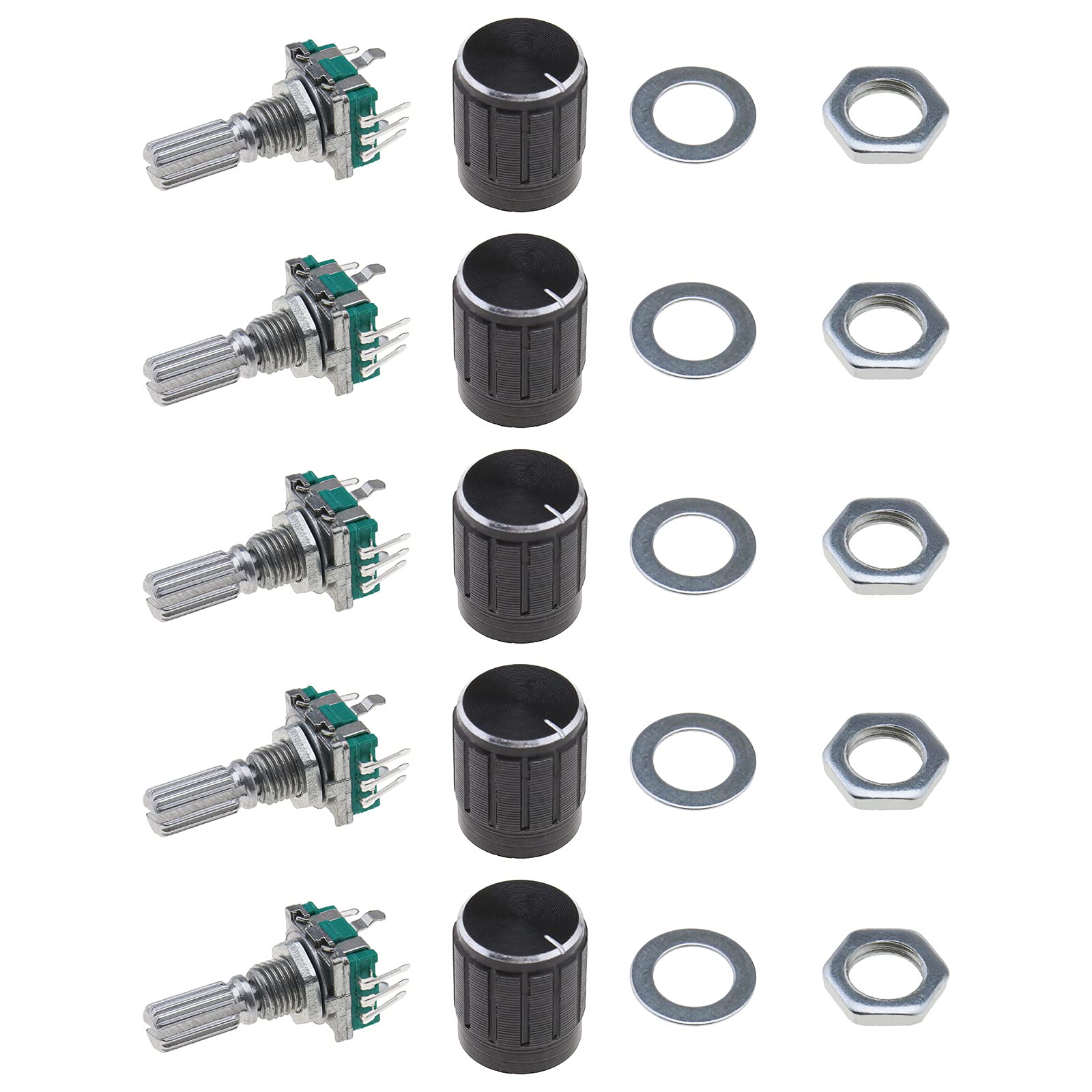 EMSea 5 Kits of 360 Degree Rotary Encoder Modules EC11 Digital Potentiometer Push Button Switch 5 Pins 20mm Shaft with Black Knob Cap