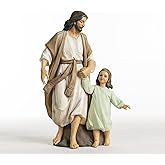 ShineOnAngel Jesus Christ with Girl, He Walks with me Sculpture, First Communion Statue Hand Painted, Religious Modern Home Decor, Christian Figurines, 9.5 Inch