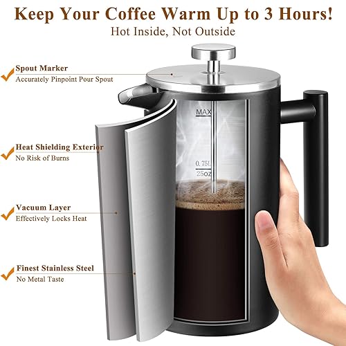 BAYKA 34 Oz French Press Coffee Maker, 304 Grade Stainless Steel