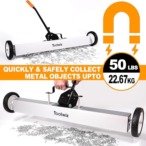 Grip 36" Magnetic Floor Sweeper With Wheels & Easy Release – 50 Lb Capacity, Extendable Handle 35-1/2 To 50" – Perfect For Workshop, Garage, Construction Cleanup