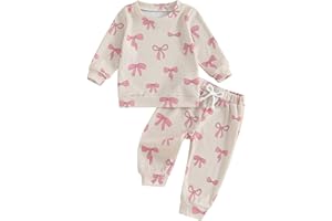 BLOTONA Baby Girl Clothes Cute Bow Print Long Sleeve Sweatshirt Pants Set Waffle Knit Toddler Spring Fall Outfit