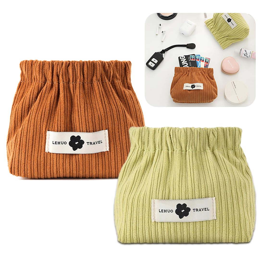 Koonafy 2pcs Corduroy Elastic Hair Tie Organizer Portable Travel Small Makeup Pouch Corduroy Lipstick Storage Bag for Hair Jewelry Lipstick Coin Purse for Women(Green+Brown)