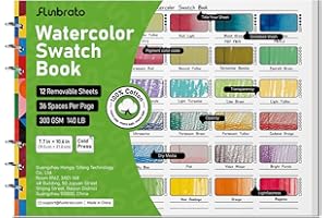 FLUNBRATO Watercolor Swatch Book 12 Sheets,100% Cotton Binder Bound 10.6 x 7.7 inch 140lb 300gsm Swatch Book for Watercolor C