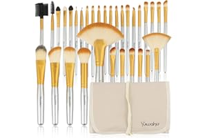 DAXSTAR Champagne Makeup Brushes Set, Valentines Day Gifts for Kids,Yuwaku Silver Foundation Powder Blush Eyeshadow Brushes Blending 32 Piece NO Shed Cruelty-Free Synthetic Fiber Bristles Cosmetic Brushes