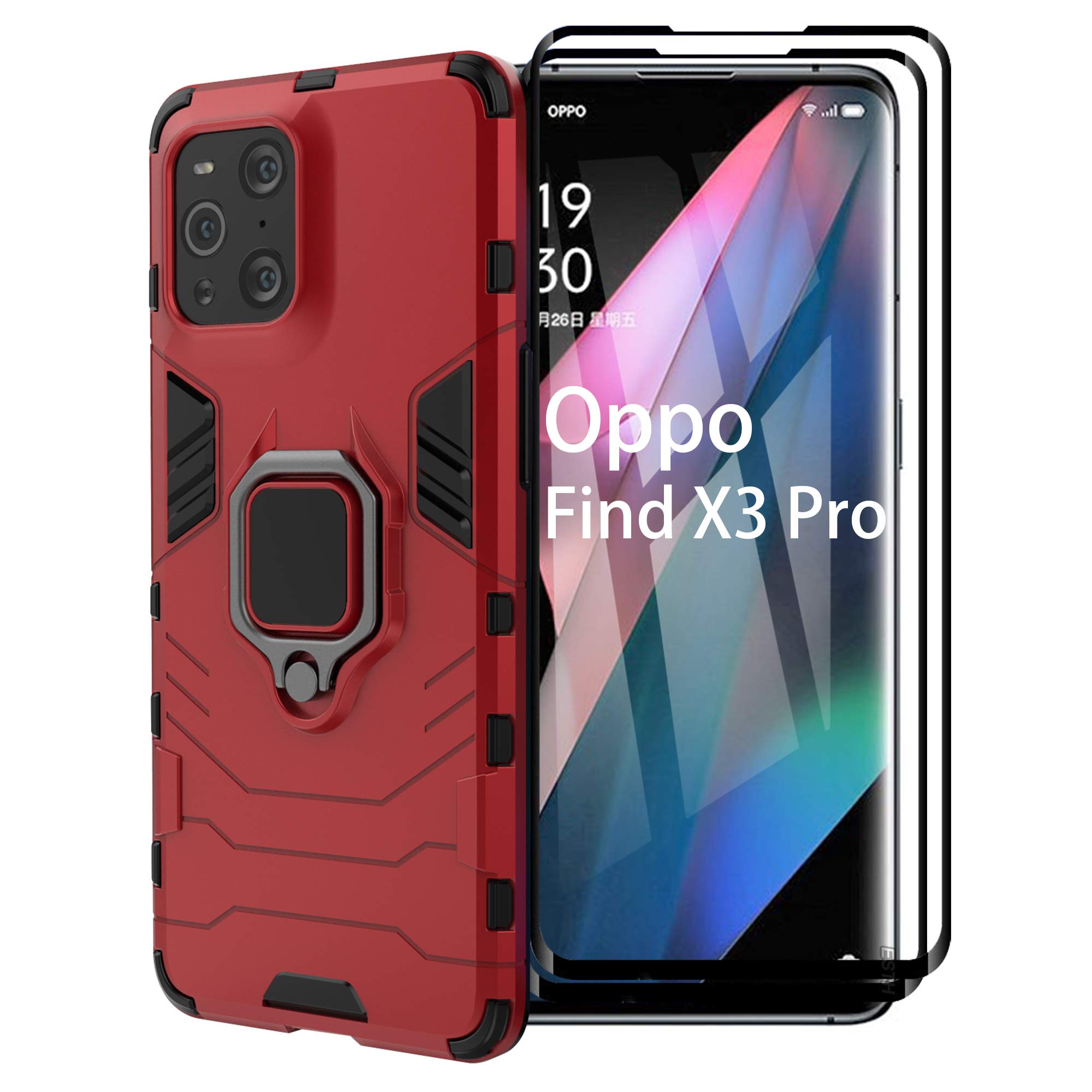 ESTH® Case for Oppo Find X3 Pro/Find X3 with 2 Pack Screen Protector, [360° Rotating Stand] [Military Grade Anti-Fall Protection], Works With Magnetic Car Mount Cover, Red