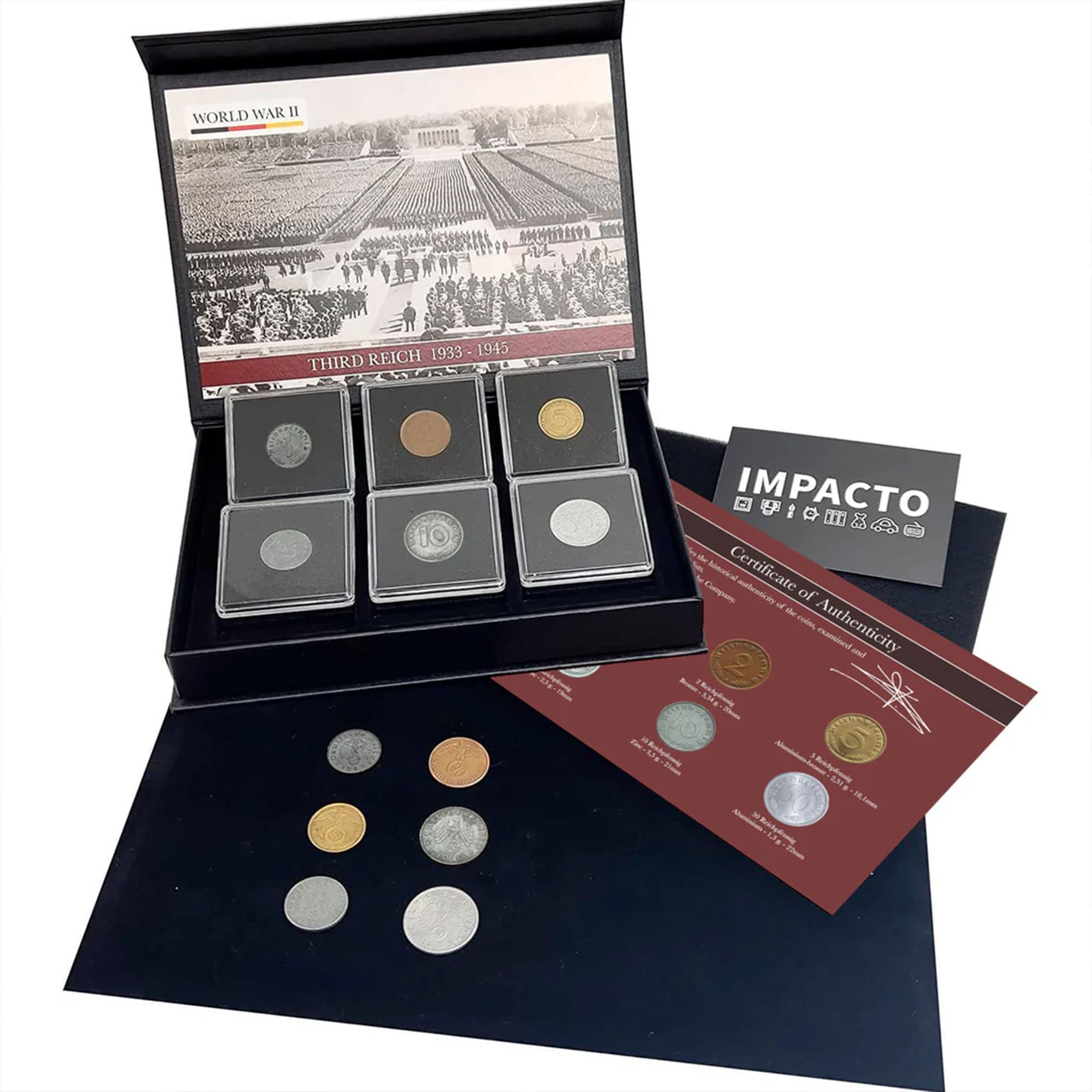 IMPACTO COLECCIONABLES WW2 World Currency - 6 Nazi Coins issued from 1936 to 1945 from the World War 2 - Third Reich WW2 Memorabilia - Axis and Allies Collection