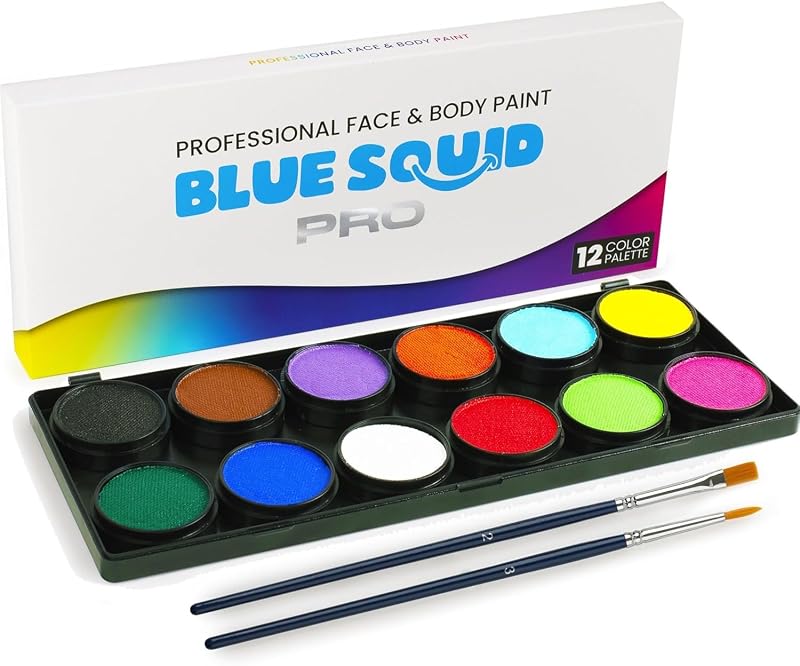 Blue Squid PRO Face Painting Kit 12 Colour Palette with 2 Brushes