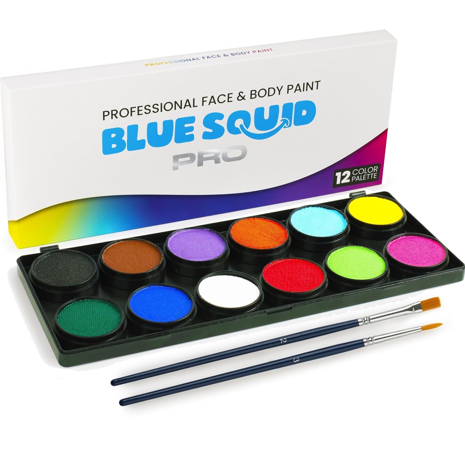 Blue Squid PRO Professional Face Painting Kit for Kids - 12 Colour Palette Set with 2 Brushes, Body & Face Paint Kits for Children, Adults - Safe Washable SFX Makeup Paints for Party, Halloween Makeup