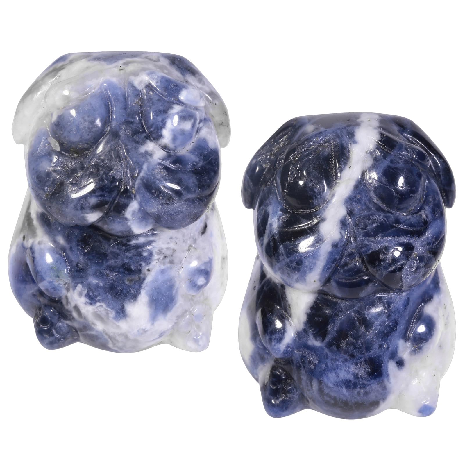 Nupuyai 2pcs Sodalite Mini Crystal Stone Statue Carved Animal Pug Dog Puppy Pekinese Set of 2, Energy Healing Stone Figurine Home Office Decor