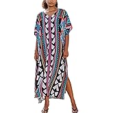 Plus Size Beach Kaftan Dresses for Women Print V-Neck Long Swimsuit Cover Ups