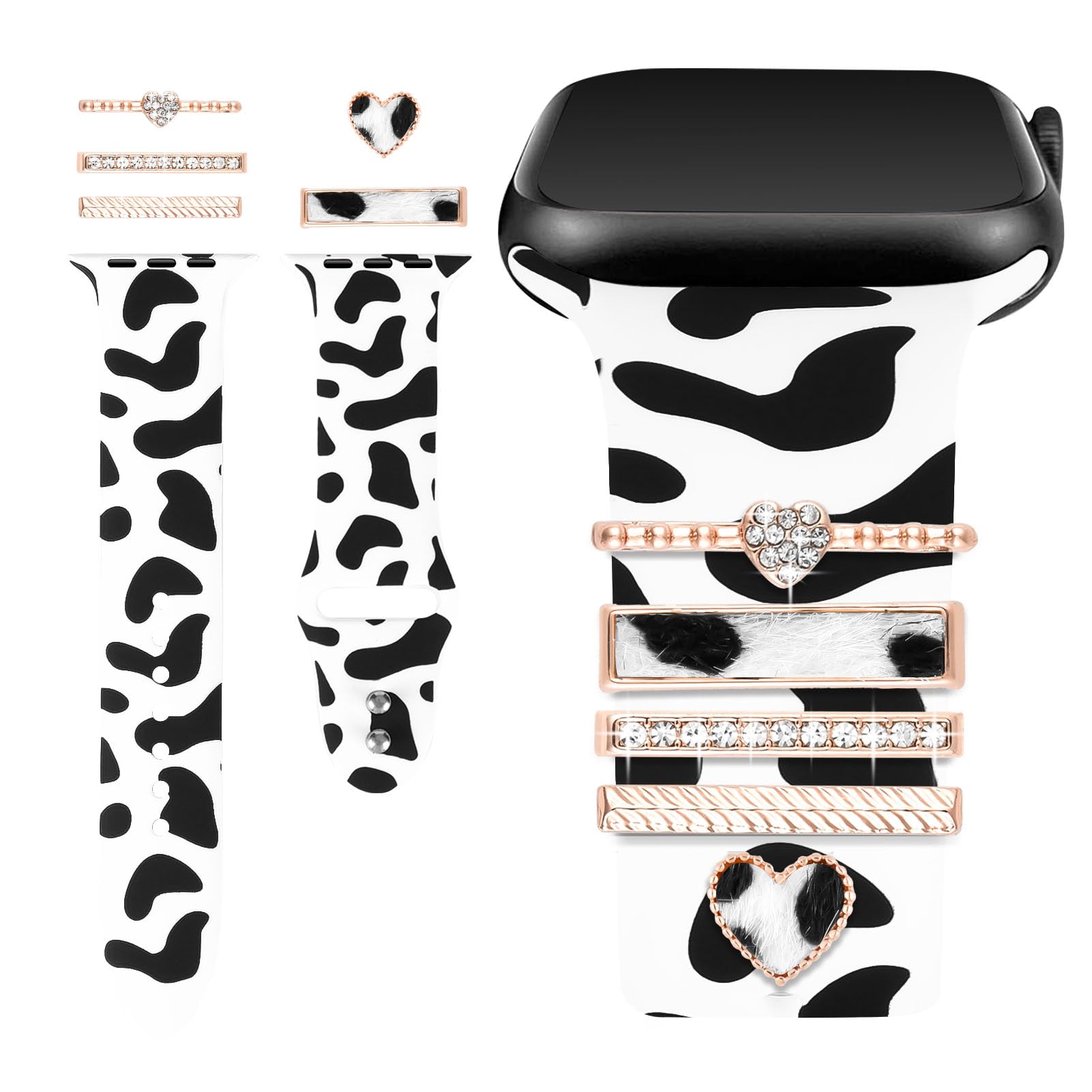 Shesyuki Printed Watch Band with Charms Compatible with Apple Watch 38mm 40mm 41mm 42mm 44mm 45mm 49mm,Cow Soft Silicone Band & Decorative Ring Loops for iWatch Series 7 6 5 4 3 2 1