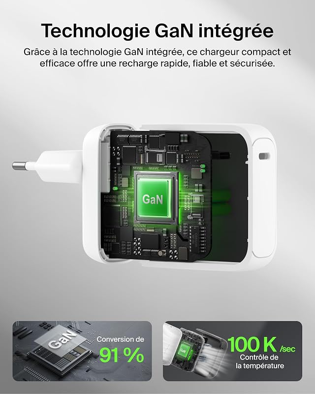 BoostCharge Chargeur Secteur GaN USB-C 100 W, Chargeur Compact Et Pliable, Recharge Rapide, pour iPhone 17, Samsung Galaxy S26, Pixel 10, AirPods, Tablette, MacBook, Chromebook - Blanc