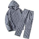 Mens Fleece Lined Track Suits 2 Piece Sets Fuzzy Sherpa-Lined Hooded Sweatshirt and Pants Plaid Loungewear Sleepwear