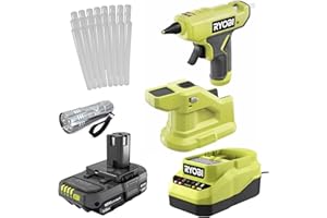 Compact Glue Gun Bundle with Ryobi Glue Gun, 18-Volt Lithium-ion 1.5 Ah Battery, 18-Volt Charger, 24-Piece Mini Glue Stick Pack and Buho Pocket Flashlight