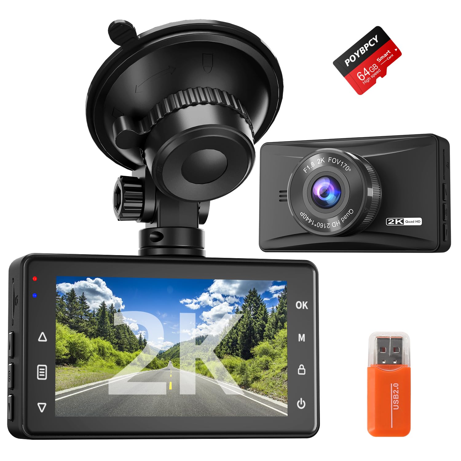 Photo 1 of Dash Cam Front 2K with 64 GB SD Card 1440P Quad HD Dash Camera for Cars with Superb Night Vision,3'' Screen,170° Wide Angle,G-Sensor,WDR,Loop Record