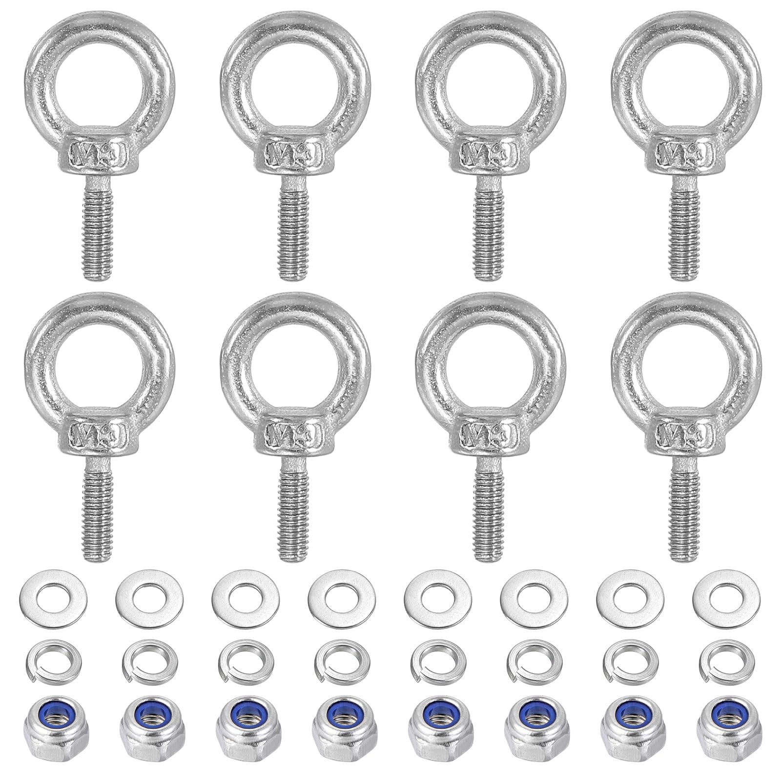 PATIKIL M3 x 9mm Lifting Shoulder Eye Bolt, 8Pcs 304 Stainless Steel Lifting Ring Threaded Eyebolt with Nuts Washers for Hanging Hammocks Articles