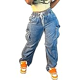 AprPith Mid Rise Cargo Jeans Women Elastic Waist Stretch Wide Leg Denim Pants with Pockets Baggy Streetwear Pants y2k