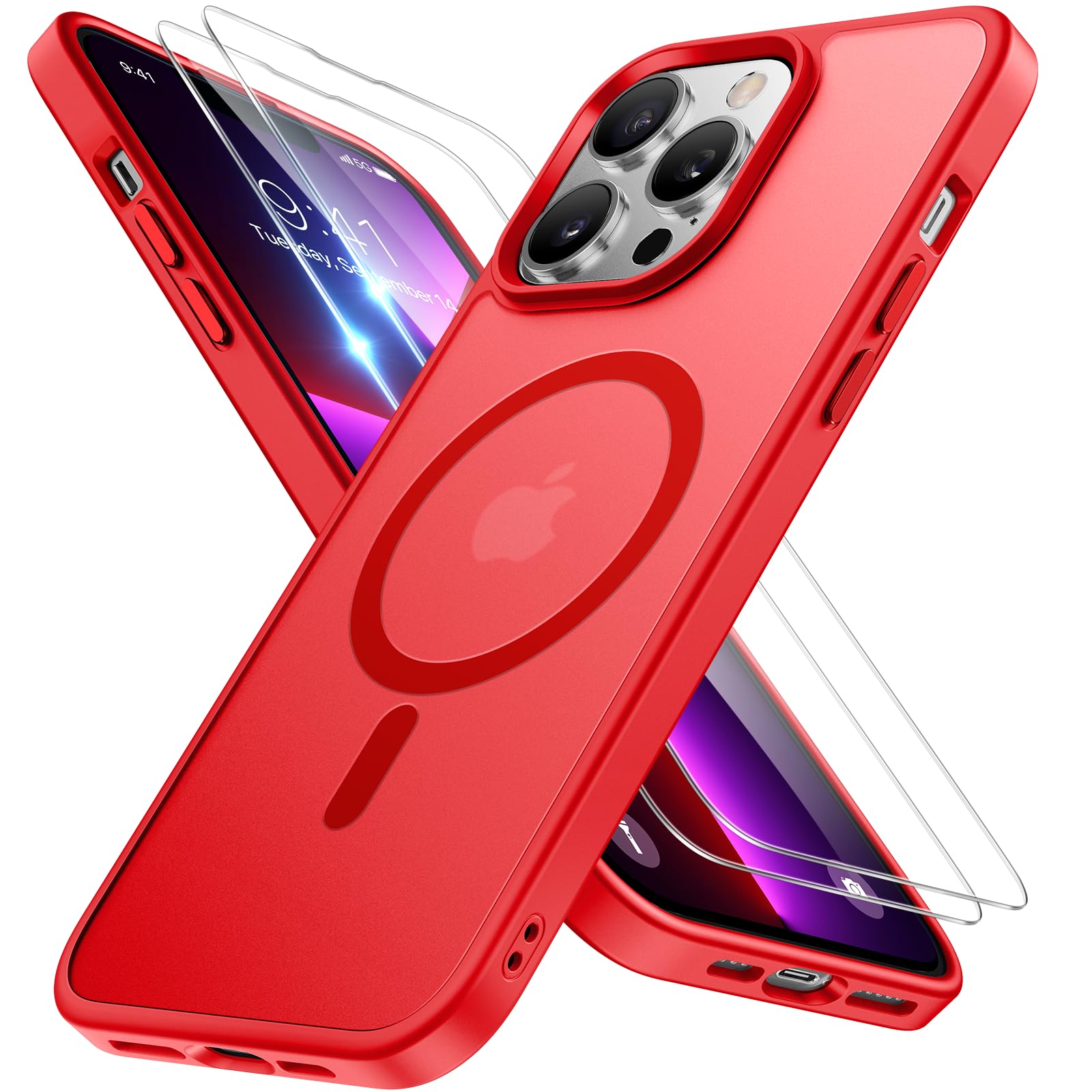 Photo 1 of Miracase Magnetic Series Designed for iPhone 13 Pro Case [Compatible with MagSafe] [with 2X Screen Protectors] Anti-Fingerprint, Magnetic Phone Case for iPhone 13 Pro 6.1 inch - Red