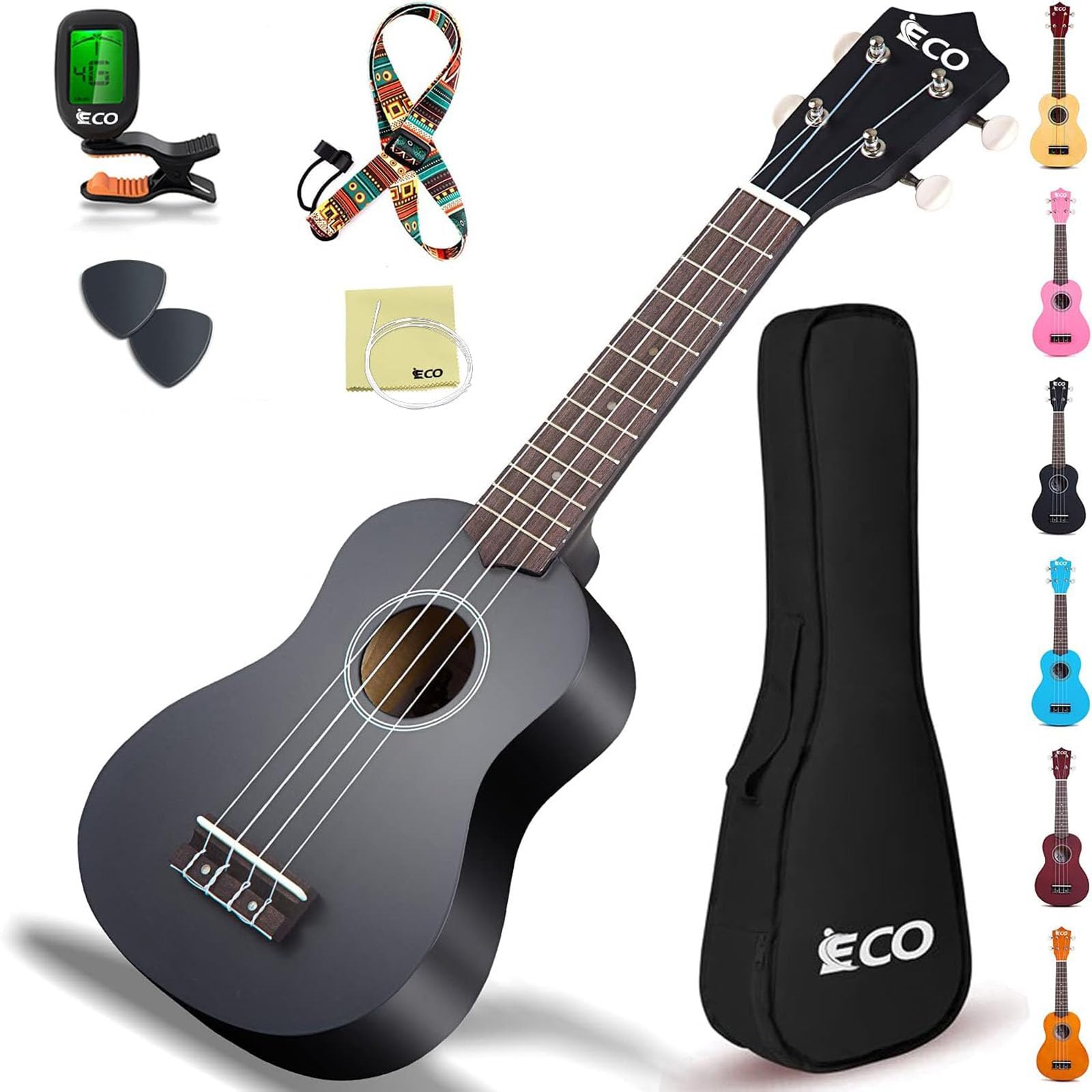 iECO Soprano Ukulele Beginner Kit-21In w/How to play Songbook Carrying bag Digital Tuner All in One Set