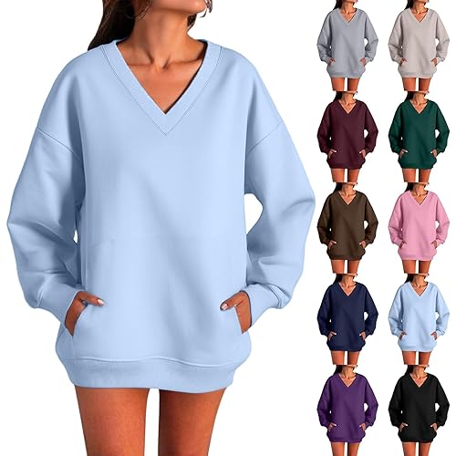 Cocila Womens Hoodies Sweatshirts Fleece Pullover Tops Sweaters Casual Comfy Valueweight Solid Color Long Sleeve Autumn Winter Thermal Fleece Tops V Neck Oversized Sports Light Blue S