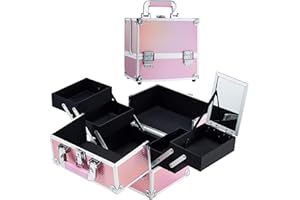 Stagiant Makeup Train Case, Makeup Box for Girls with Nail Polish Organizer Cosmetic Jewelry Organizer Lockable with Keys, Mirror, 4 Tier Trays, Pink Handle Makeup Storage - Pink Mermaid