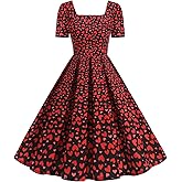 1950s Dresses for Women Vintage Heart Print Short Sleeve Square Neck Swing Dress Retro Valentine’s Day Gifts Outfits