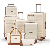 CASELLY Luggage Sets with spinner wheels, PC+ABS Hard Shell Travel Luggage,Lightweight Carry-on suitcases with TSA Lock,YKK Zippers (Beige, 7 piece sets(14/18/20/24/28/DB/TB))