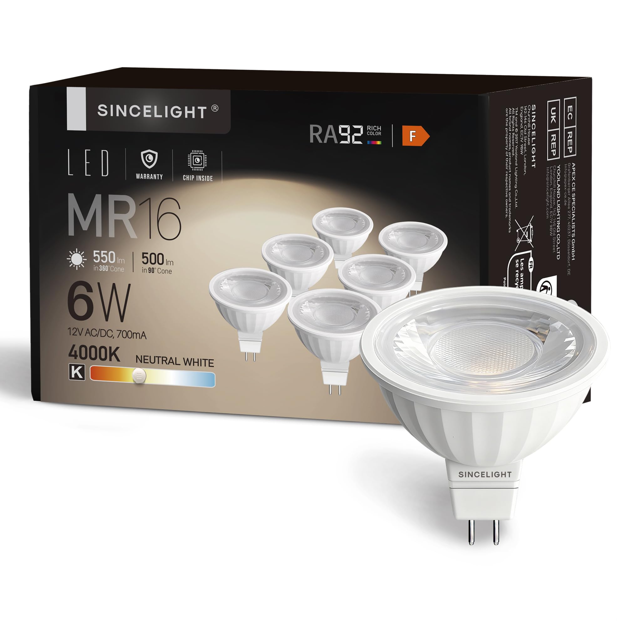 MR16 GU5.3 12V LED Spot Light Bulb Ø50mm Reflector, 6 Watt, 500 Lumens, 50W Halogen Equivalent, 4000K ( Neutral White ), High Color Rending RA≈92, 38°Beam Angle, Pack of 6