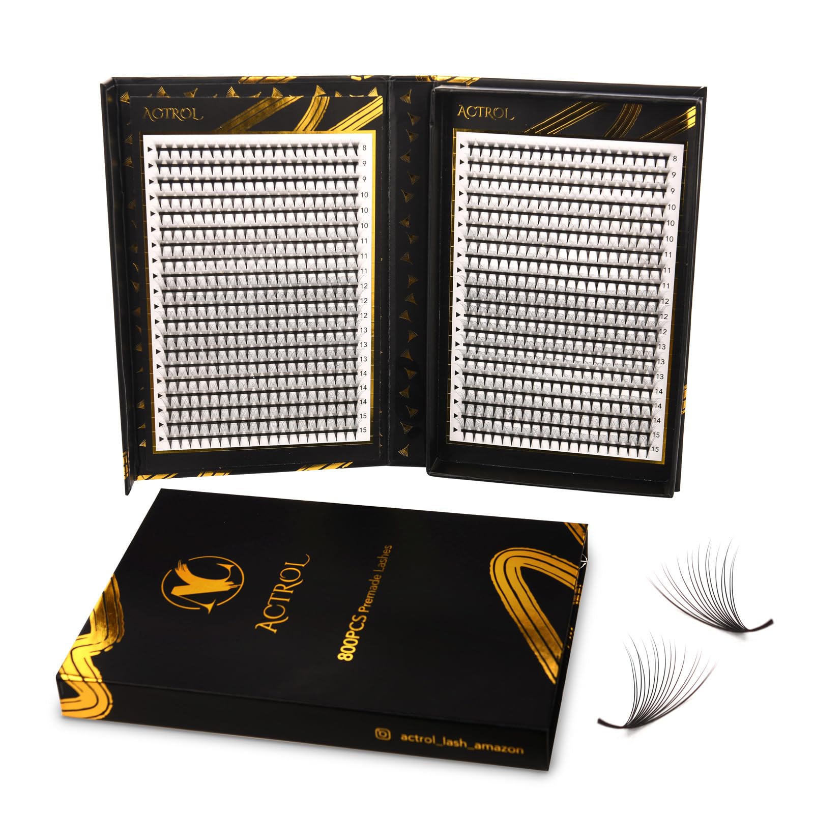 ACTROL Pre Made Fan Eyelash Extensions 16D 0.07mm C Curl 800 PCS 8-15 Mix Double Lashes Tray Narrow Russian Lashes Fan Handmade Hardcover For Lash Artists and Individuals