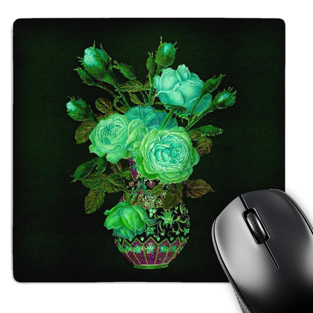3dRose mp_54007_1 8 x 8 Light Green Rose Bouquet with Green Leaves in a Vintage vase on a Dark Green Textured Background Mouse Pad