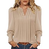 Magritta Puff Long Sleeve Shirts for Women Dressy Casual Fall Fashion Pleated Solid Color Blouse Fitted Mock Neck Tops