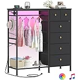 OtterOasis 47.2" Black Dresser with Hanging Rack, 2 in 1 Bedroom 6 Drawers Dresser with LED Lights & Charging Station, Wooden