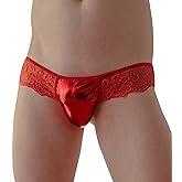 Extlps Men's Lingerie Sissy Panties Lace Tirm Bulge Pouch G-String Thongs Underwear with Garter, Red