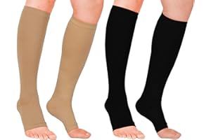 GODORIO 2 Pairs Open Toe Compression Socks for Women and Men Knee High Circulation 15-25 mmHg, Best Support for All Day Wear