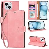 JHWVVTF for iPhone 15 Wallet Case, [RFID Blocking 4 Card Slots] [Kickstand] [Wrist Strap] [Magnetic Closure] Soft PU Leather Shockproof Protective Flip Cover for iPhone 15 Case 6.1 Inch (Pink)