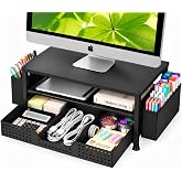 ECOLOVI Desk Organizer and Accessories, 2-Tier Computer Monitor Stand Rise with Storage Drawer &amp; 2 Pen Holders, Laptop &amp; Printer Stand for Desktop, Workspace Organizers for Office Supplies (Black)