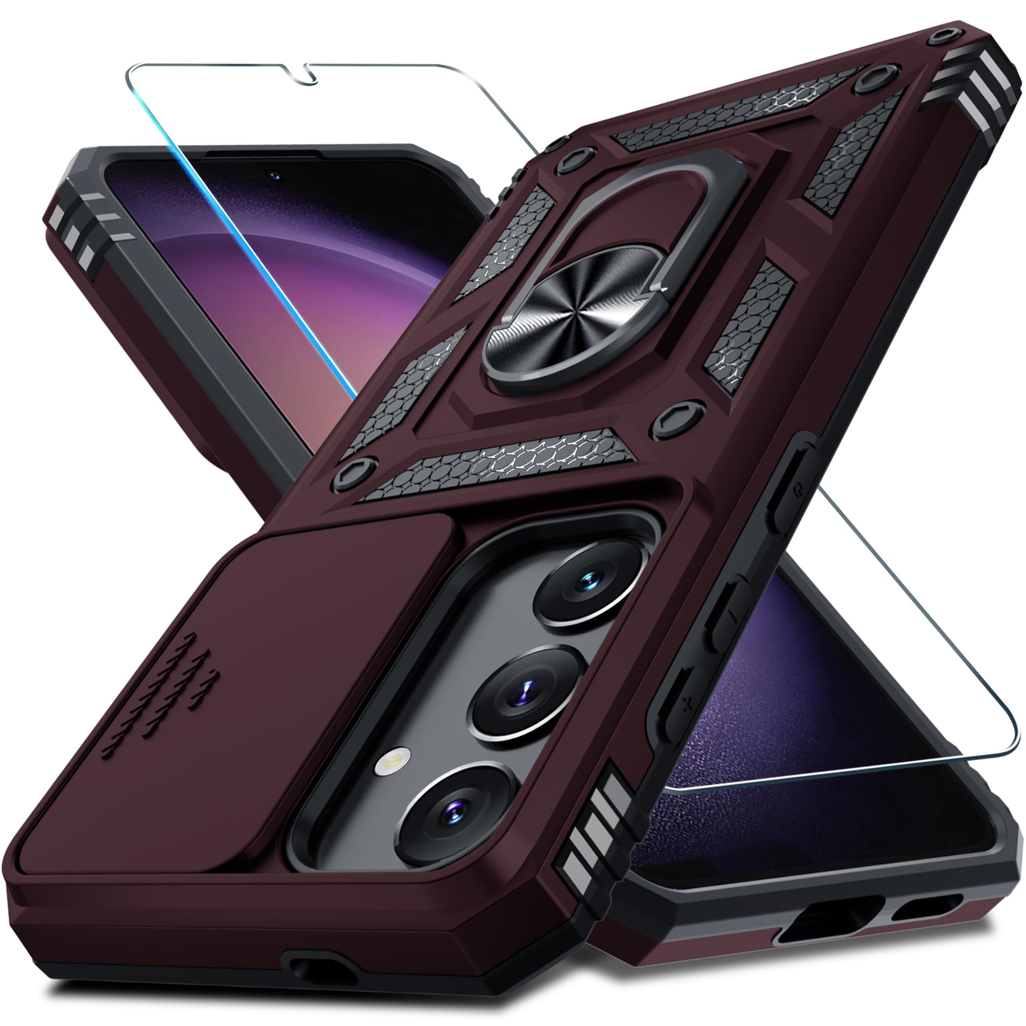 Janmitta Compatible with Samsung Galaxy S25 Plus/S24 Plus Case Built in Slide Camera Lens Cover+Screen Protector+Finger Ring Holder Kickstand,Heavy Duty Shockproof Full Body Phone Cover,Wine Red