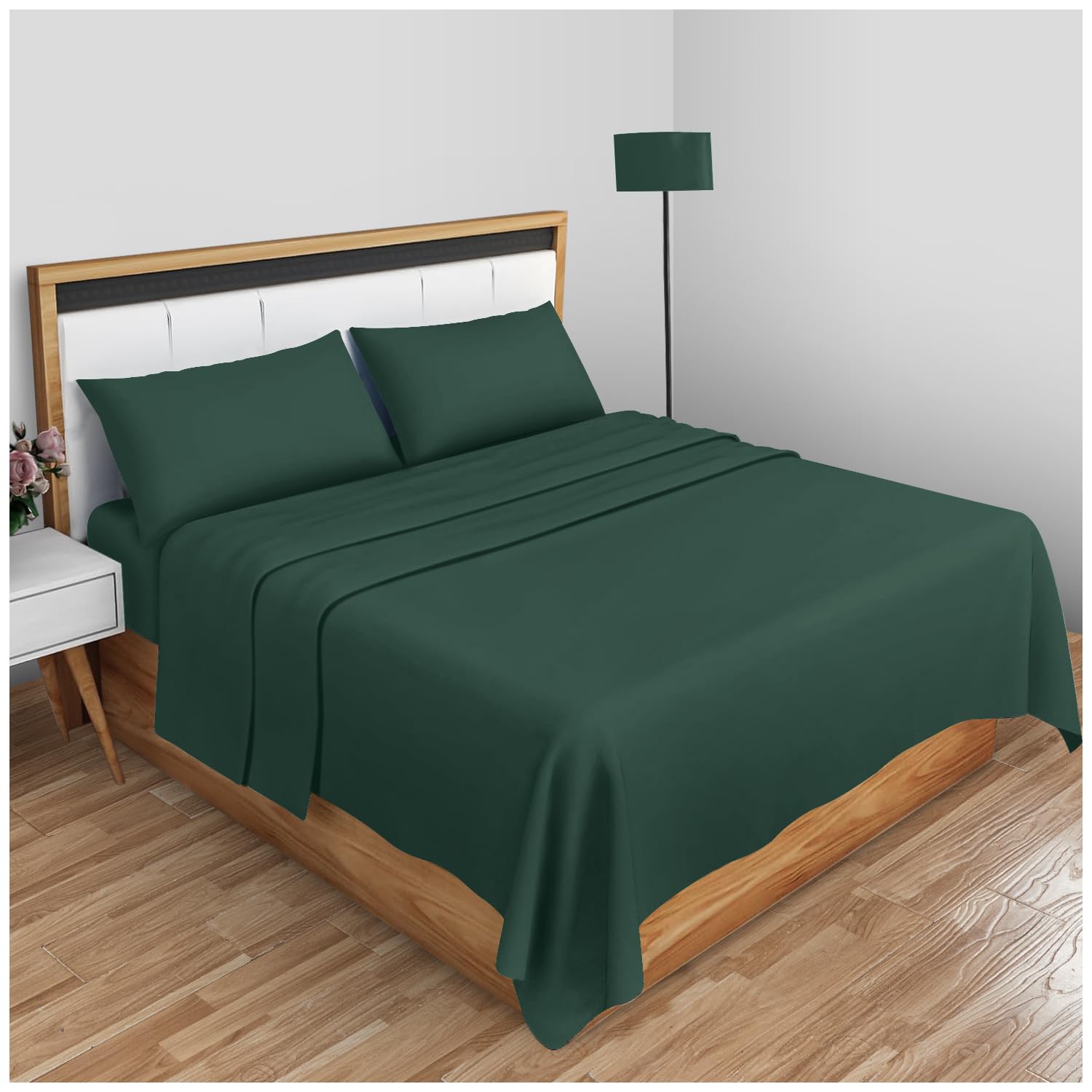 Non Iron Percale Flat Sheet King Size- Polycotton Anti Wrinkle Hotel Quality Bed Sheets- Luxury Bedding Plain Dyed Flat Sheet- Dark Green